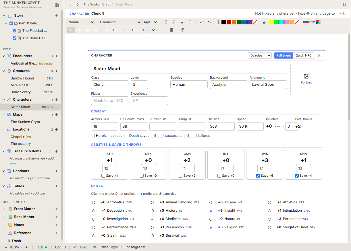 A character sheet in Ravenburst for Sister Maud, a level 5 cleric, with abilities, saving throws and skills worked out.
