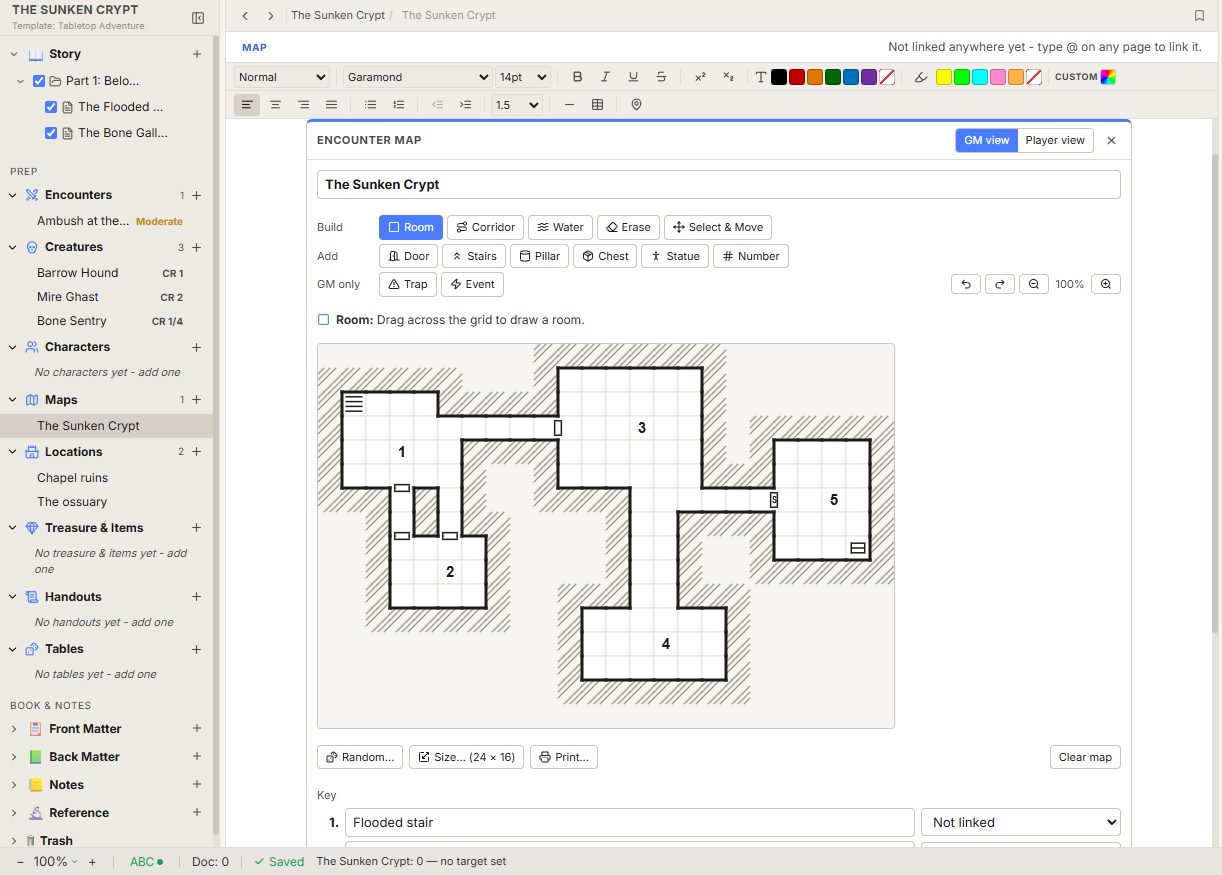 A generated dungeon map in Ravenburst with numbered rooms, doors and stairs, beside the adventure’s encounters, creatures and locations.